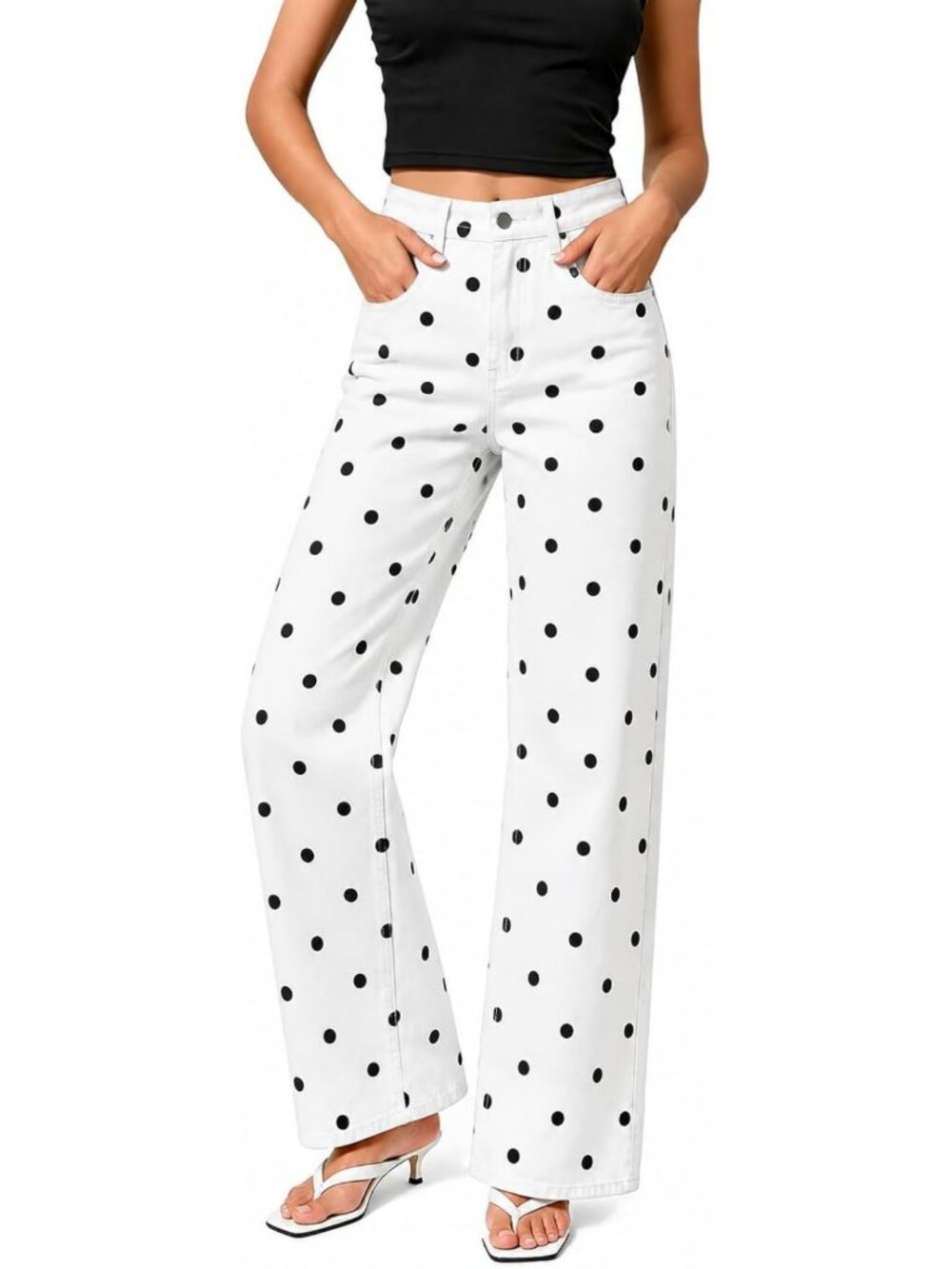 High-Waist Polka Dot Wide Leg Jeans, Stretchy Denim Pants with Pockets